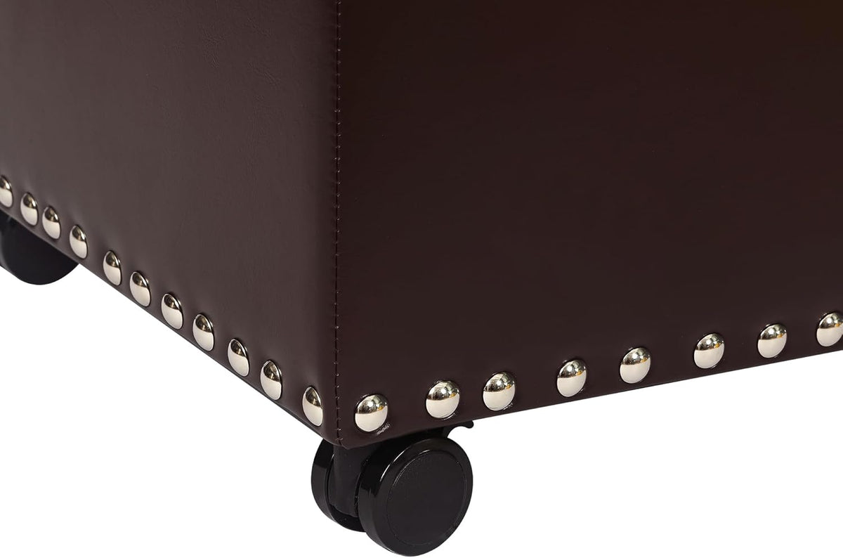 Leather Storage Ottoman Bench with Steerable Rolling Wheels, Rectangle 24 Inch Foot Rest Ottomans