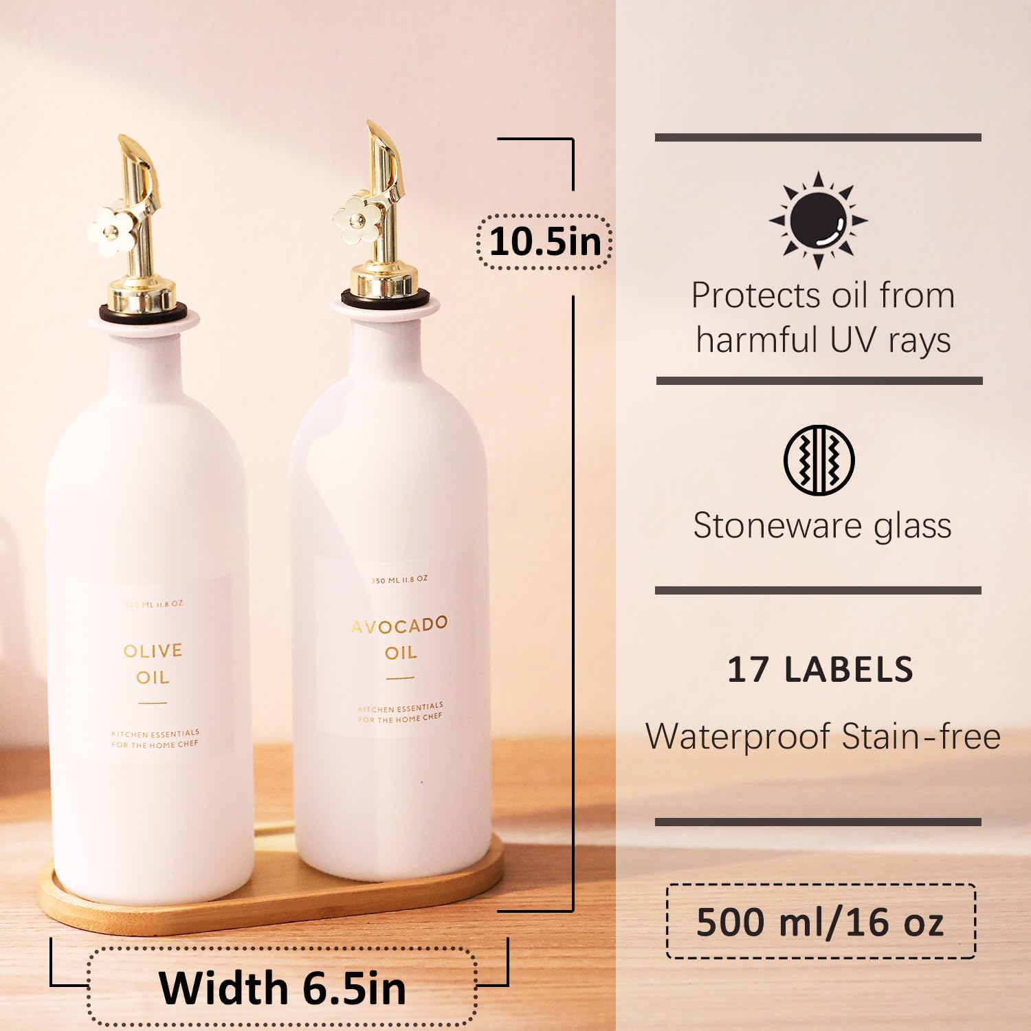 HOMCDALY Olive Oil Dispenser for Kitchen, 16oz Glass Oil Bottles with Bamboo Tray, Gold Oil&Vinegar
