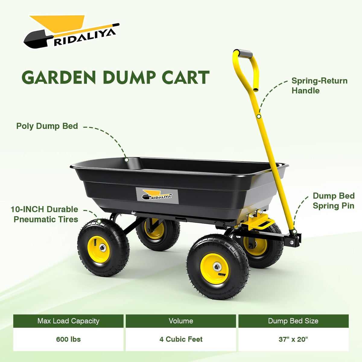 Garden Dump Cart, Heavy-Duty Utility Wagon with 600 lb Capacity, 4 Cu Ft Bed, 10" Pneumatic Tires