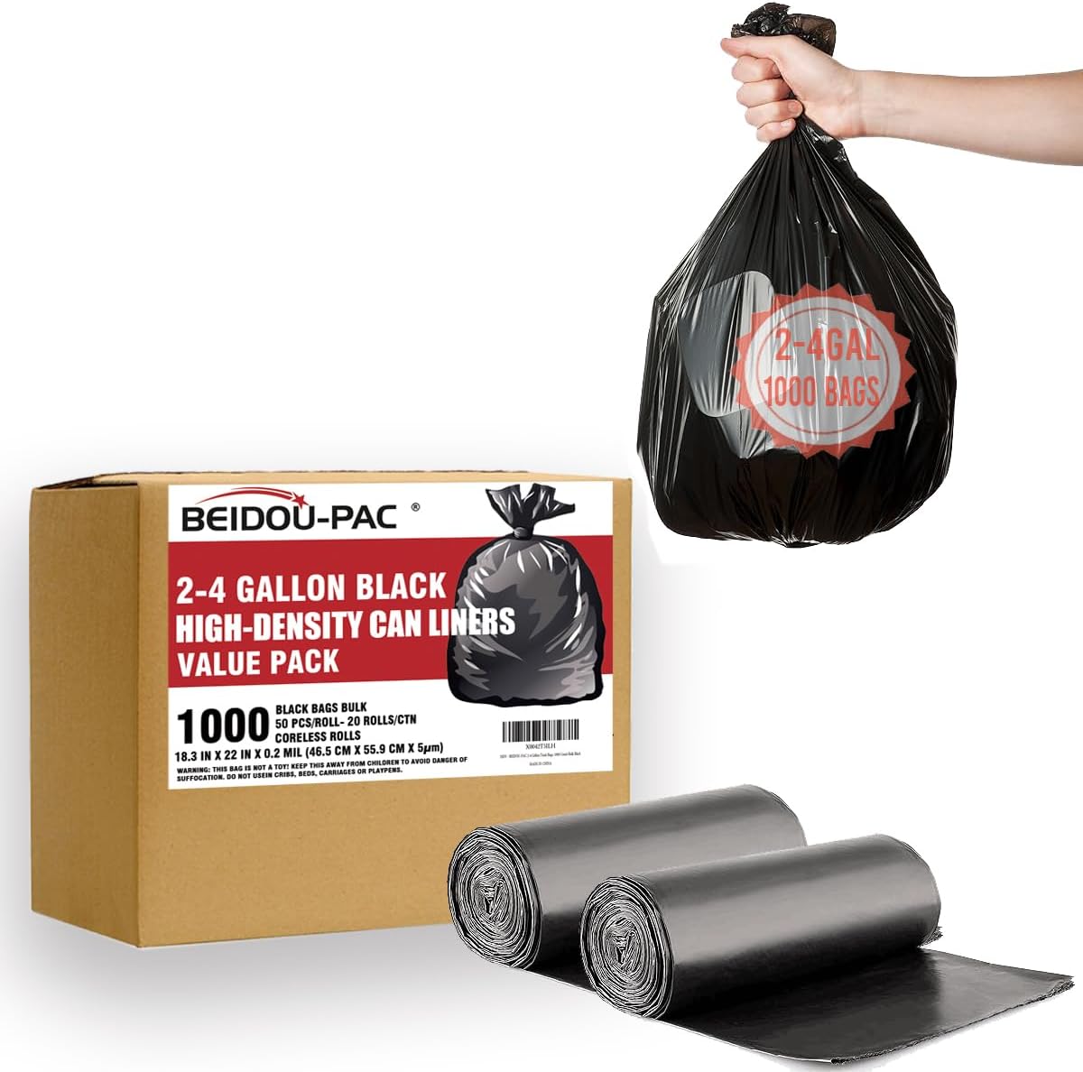 2-4 Gallon Trash Bags, 1000 Count Bulk Value Pack, Black Garbage bags, Small Trash Can Bin Liners