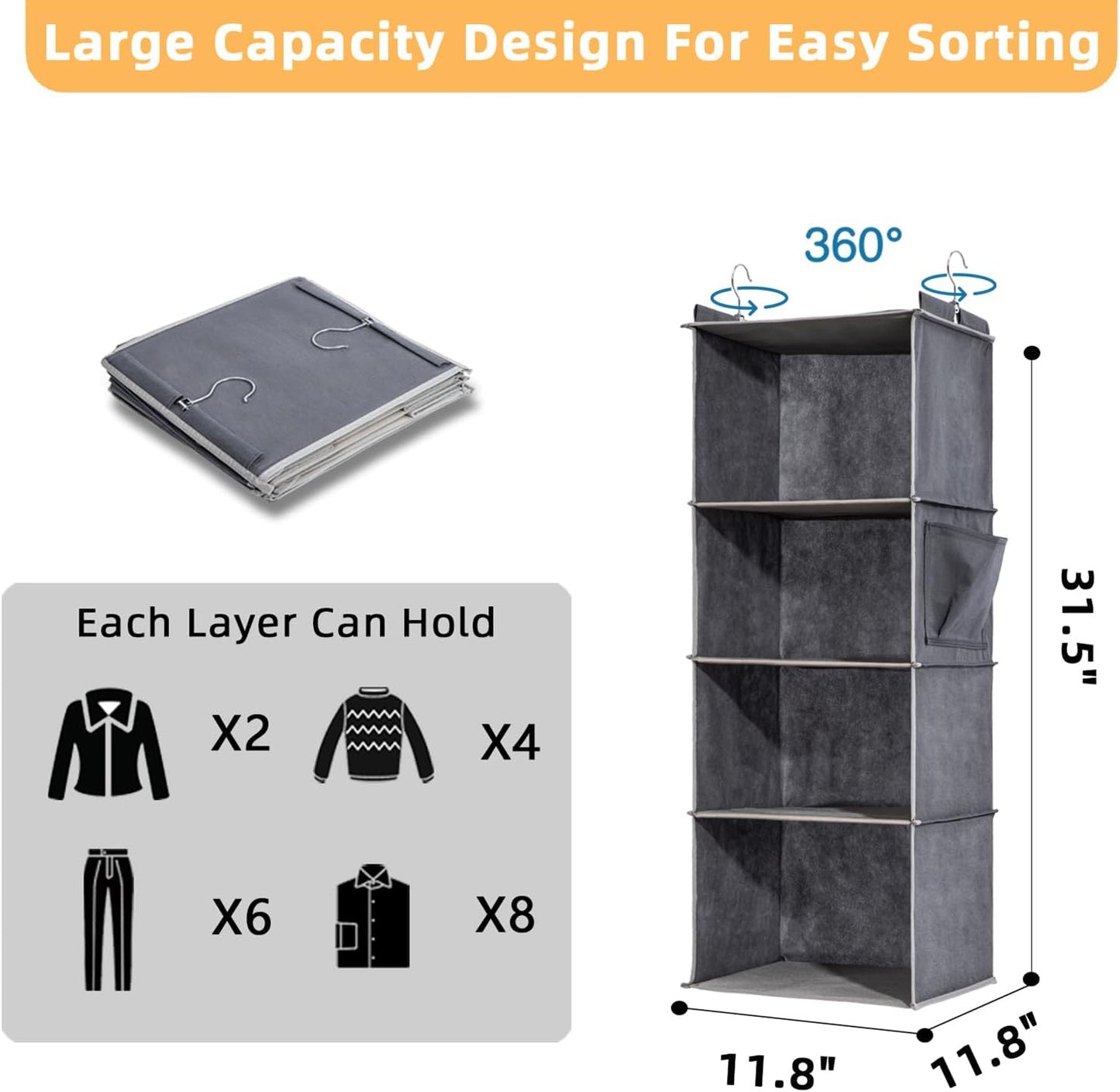 2 Packs Hanging Closet Organizer, 4-Shelf Closet Organizers and Storage with Side Pockets