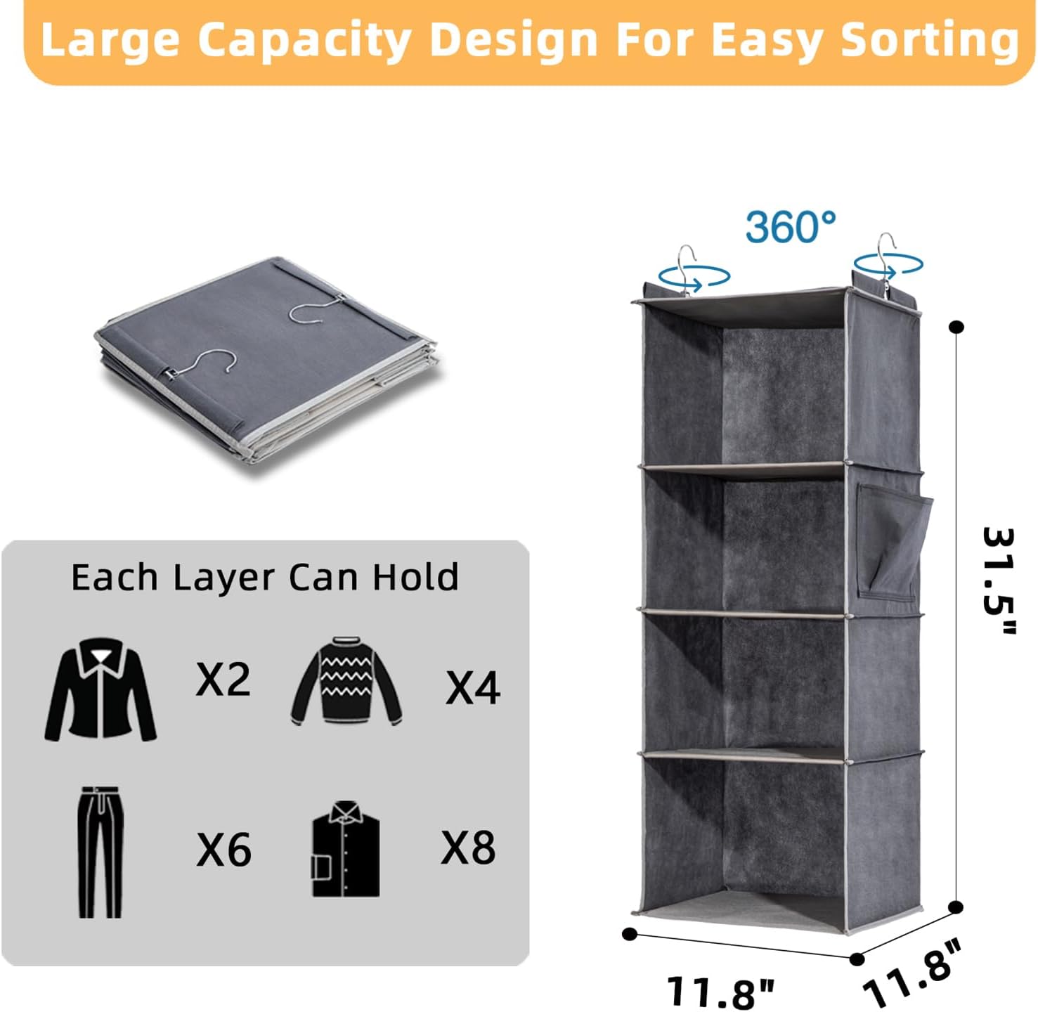 2 Packs Hanging Closet Organizer, 4-Shelf Closet Organizers and Storage with Side Pockets