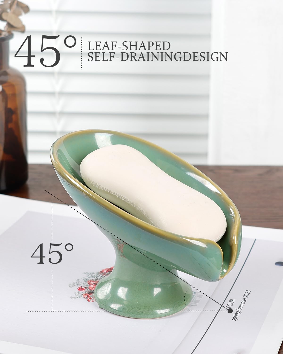 Soap Dish, Self Draining Bar Soap Holder for Bathroom Sink, Leaf Shaped Drainage Ceramic Mint Green