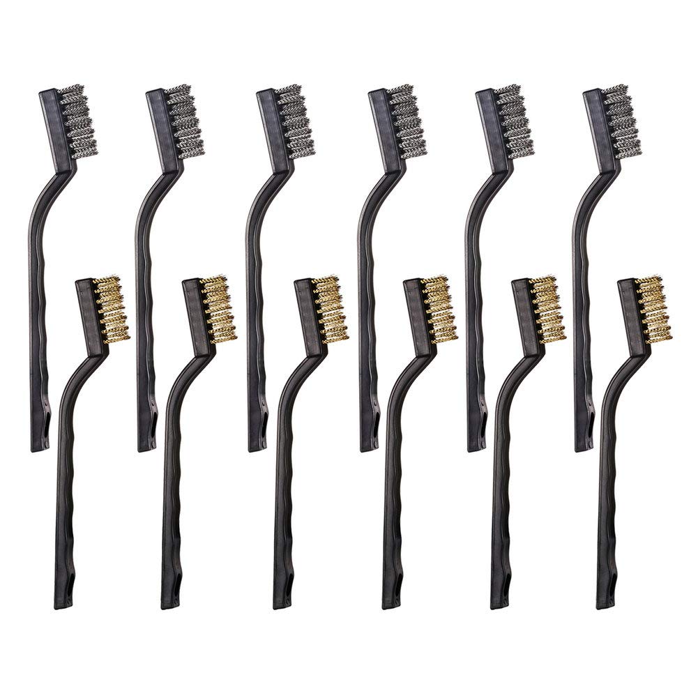 12PCS Mini Wire Brushes, Stainless Steel & Brass Brush Set, Curved Handle Scratch Brush for