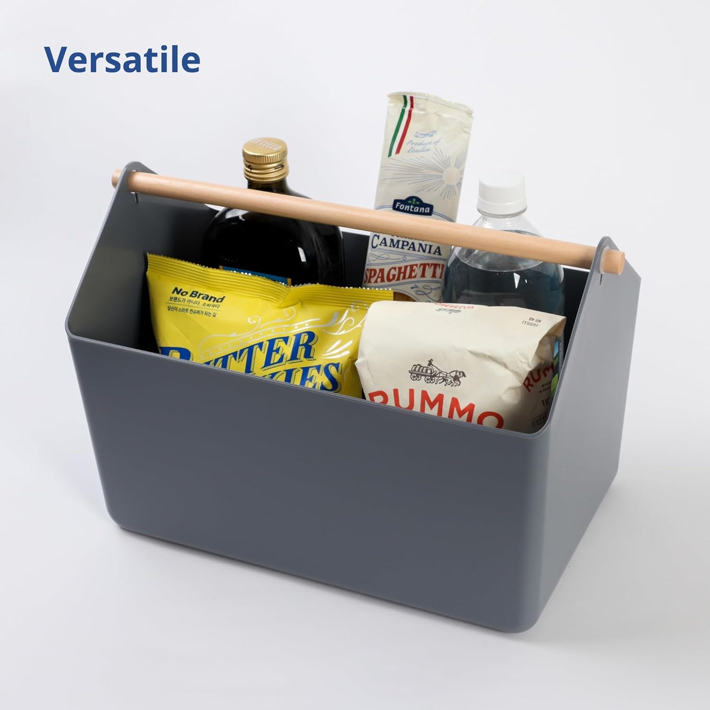 BLUE GINKGO Large Storage Basket – Plastic Caddy with Wooden Handle for Bathroom, Pantry, or
