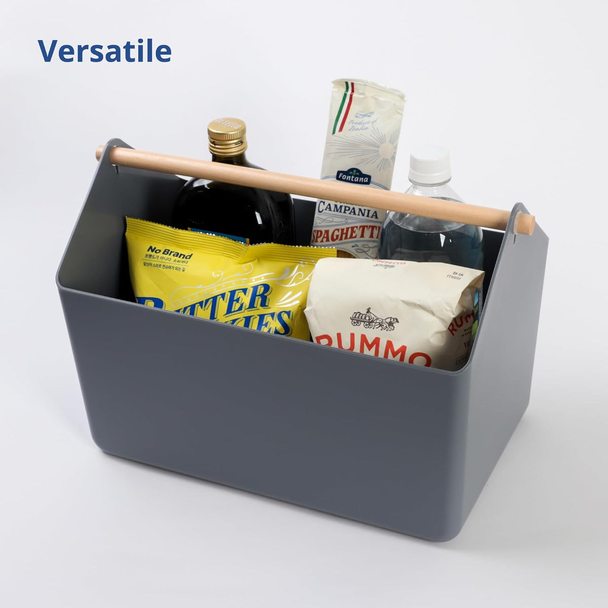 BLUE GINKGO Large Storage Basket – Plastic Caddy with Wooden Handle for Bathroom, Pantry, or