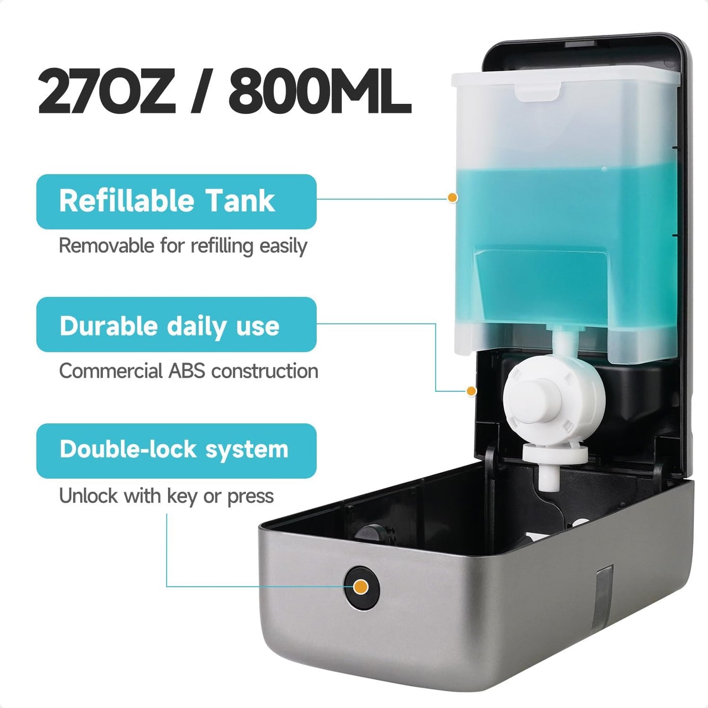 AIKE Wall Mount Liquid Soap Dispenser, 27oz Large Capacity with Extended Pump for Commercial