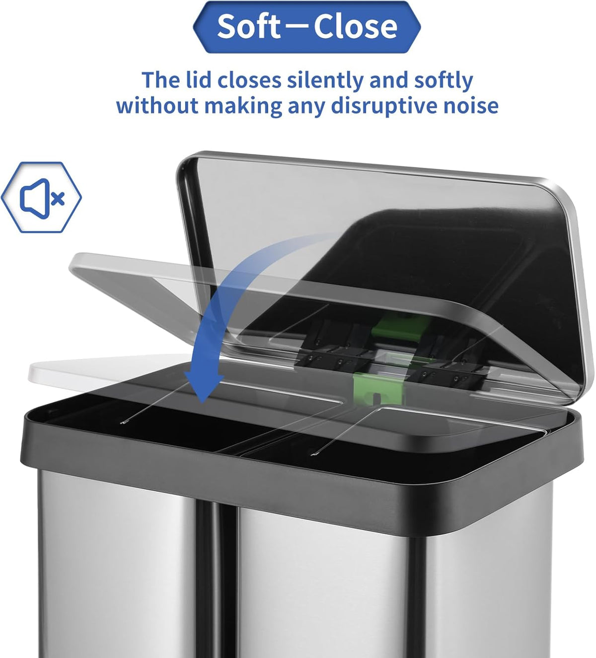 16 Gallon Dual Compartment Trash Can, Hands-Free Recycling Rectangular Garbage Bin, Stainless Steel
