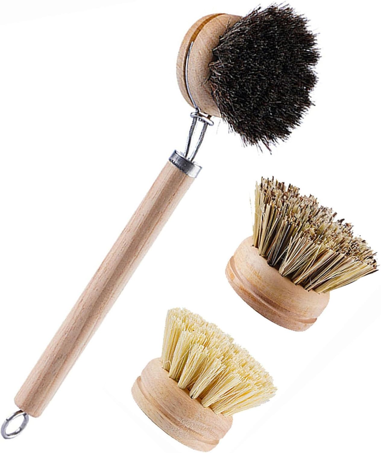 Bamboo Dish Brush with Handle, 1 Sturdy Wooden Handle with 3 Natural Bristle Heads, Horsehair