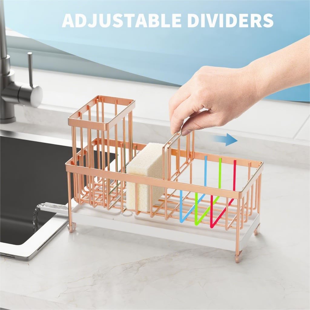 Cisily Rose Gold Sponge Holder for Kitchen Sink, Sink Caddy Organizer with High Brush Holder