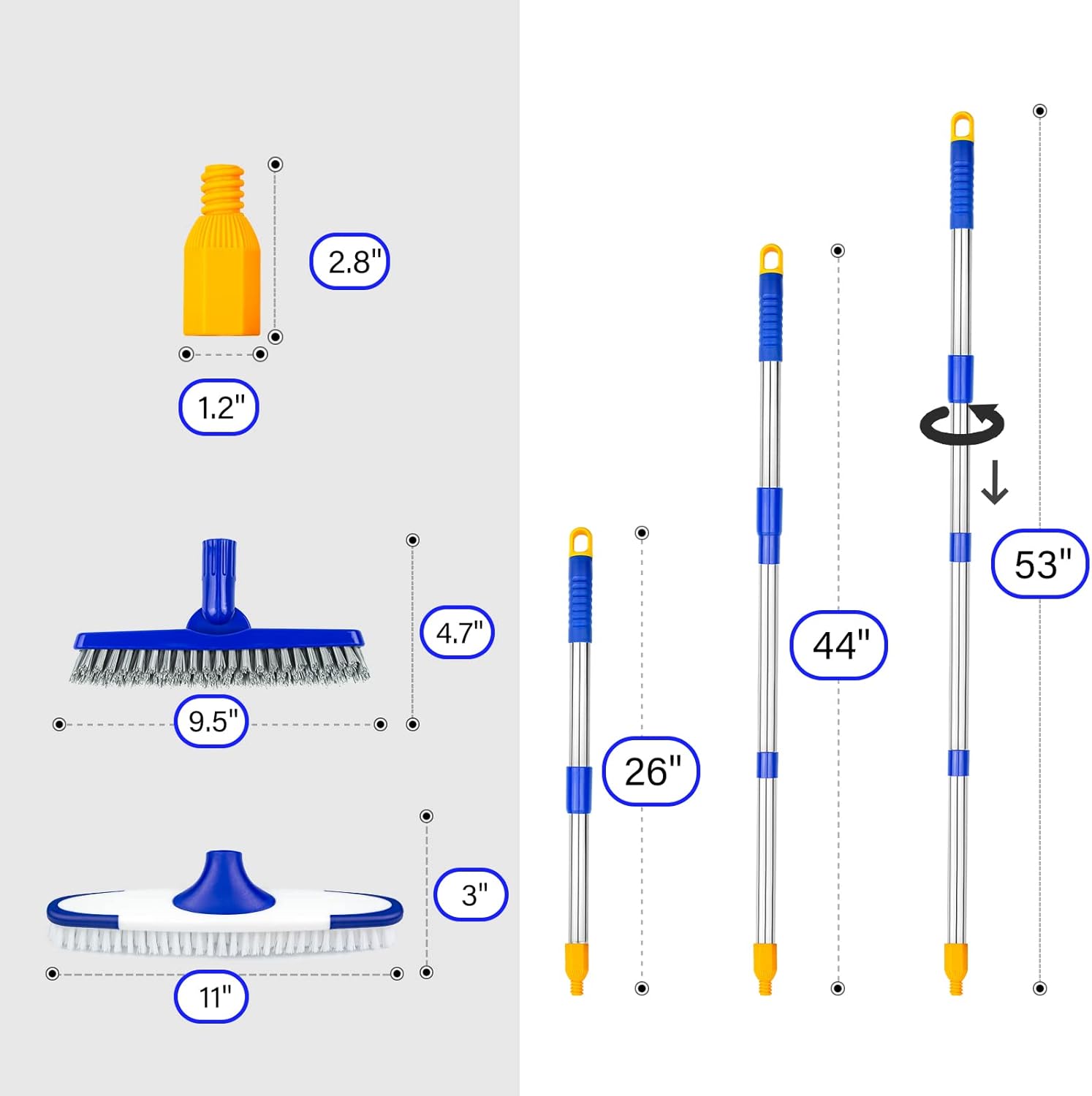 ITTAR Grout & Scrub Brush Combo, Floor Scrubber with Long Handle, Multi-Purpose Stiff Bristles