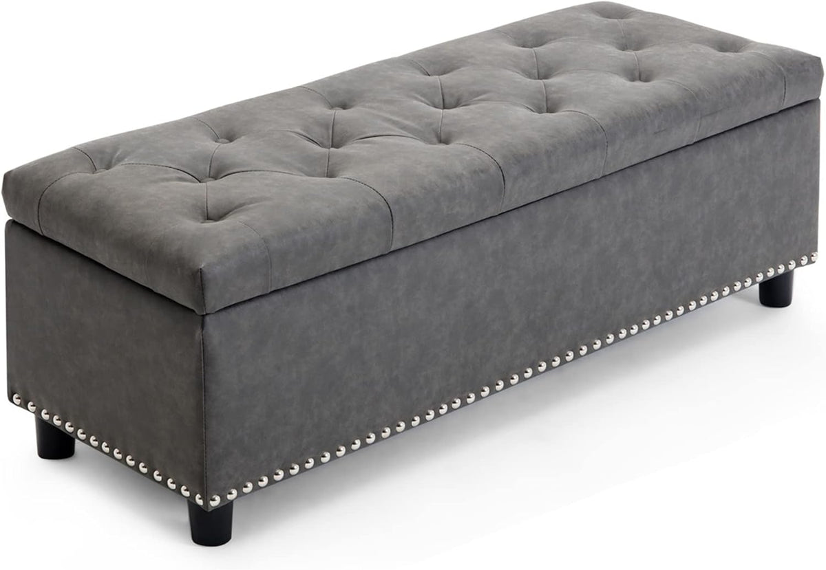 BELLEZE 47" Storage Ottoman, Storage Bench with Safety Close Hinge, Faux Leather Button-Tufted