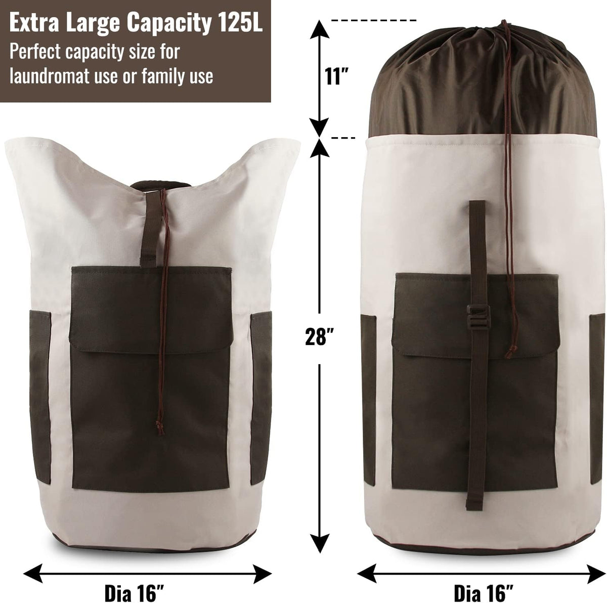 Laundry Bag Backpack, 125L Extra Large Travel Laundry Bags with Shoulder Straps, Adjustable &