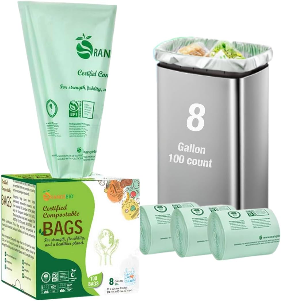 OrangeBio 6~8 Gallon Compostable Trash Bags, 100 Count, Plant-Based Garbage Bags for Kitchen