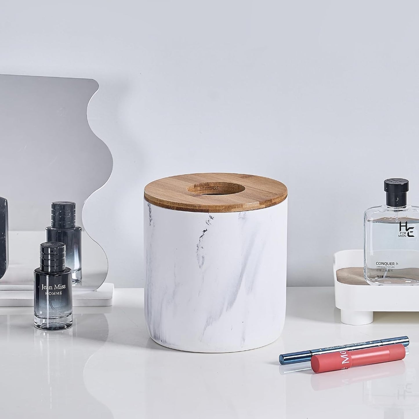 Polytree Marble White Mini Trash Can with Bamboo Lid,Small Countertop Trash Can,Desk Trash