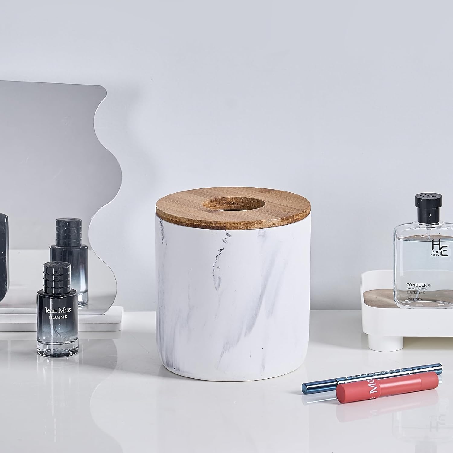 Polytree Marble White Mini Trash Can with Bamboo Lid,Small Countertop Trash Can,Desk Trash