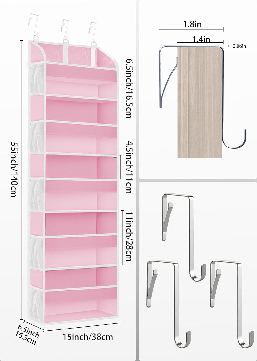 2 Pack Over The Door Storage Organizer with 5 Pockets 10 Mesh Pockets, 44 lbs Weight Capacity Door