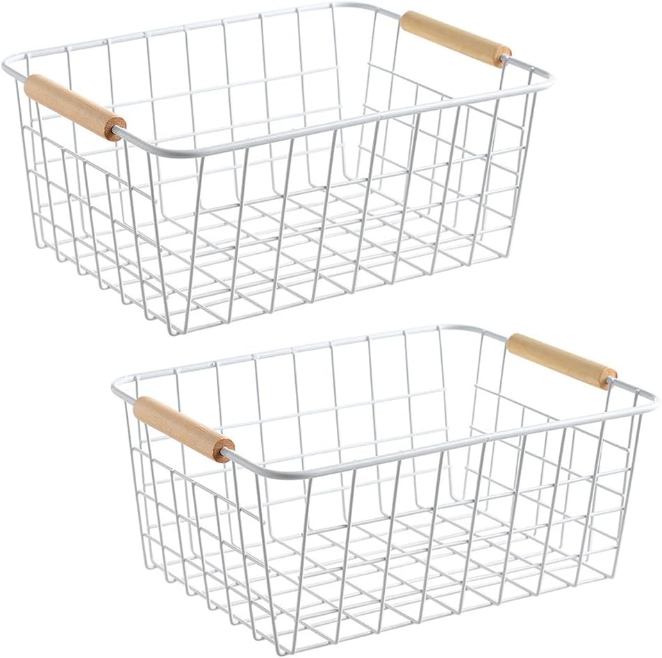 LeleCAT white wire baskets for organizing with Wooden Handles Storage Organizer Baskets, Household