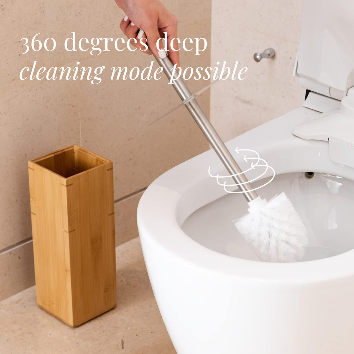 GOBAM Bamboo Toilet Bowl Cleaner with Holder for All Toilet Types - Hidden Stainless Steel Toilet