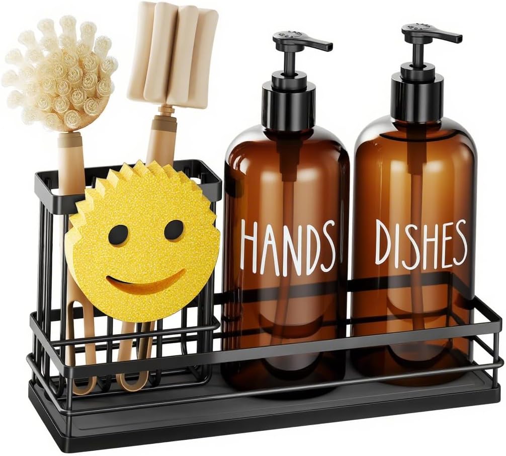 Moforoco Kitchen Dish Soap Dispenser Set, 16OZ Glass Bottle, Hand and Dish Soap Dispenser Set