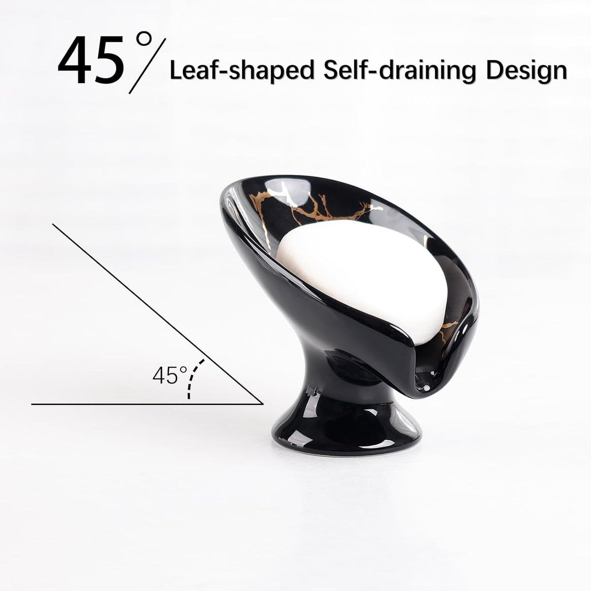 Soap Dish, Ceramic Soap Holder Self Draining Leaf Shape Bar Soap Holder, Marble Look Black Drain