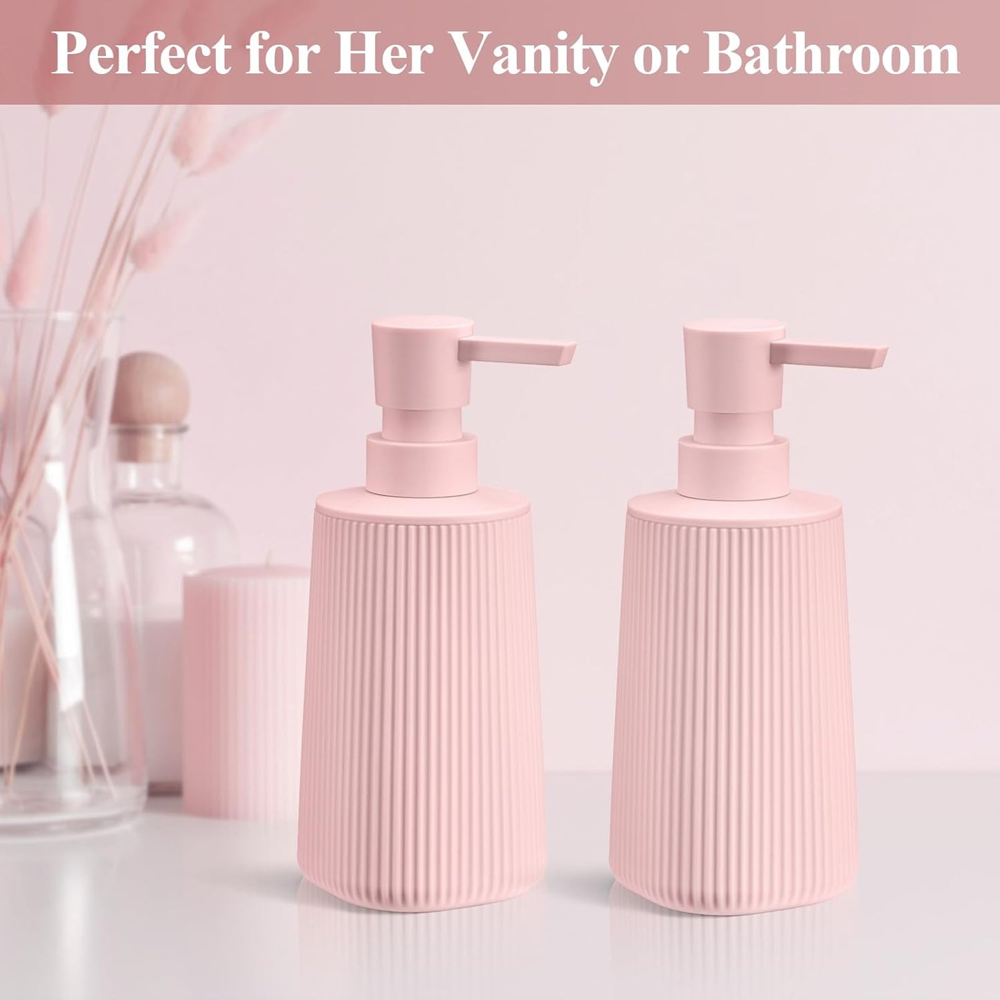Pink 2 Pack Hand Soap Dispensers with No Rust Pump for Bathroom Kitchen or Vanity Countertops