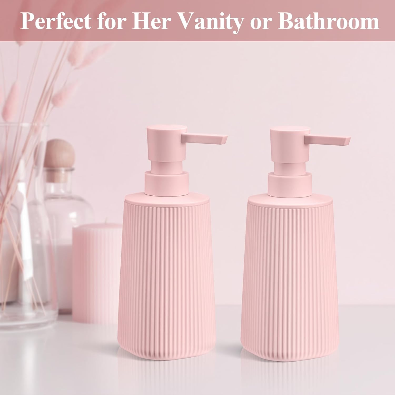 Pink 2 Pack Hand Soap Dispensers with No Rust Pump for Bathroom Kitchen or Vanity Countertops