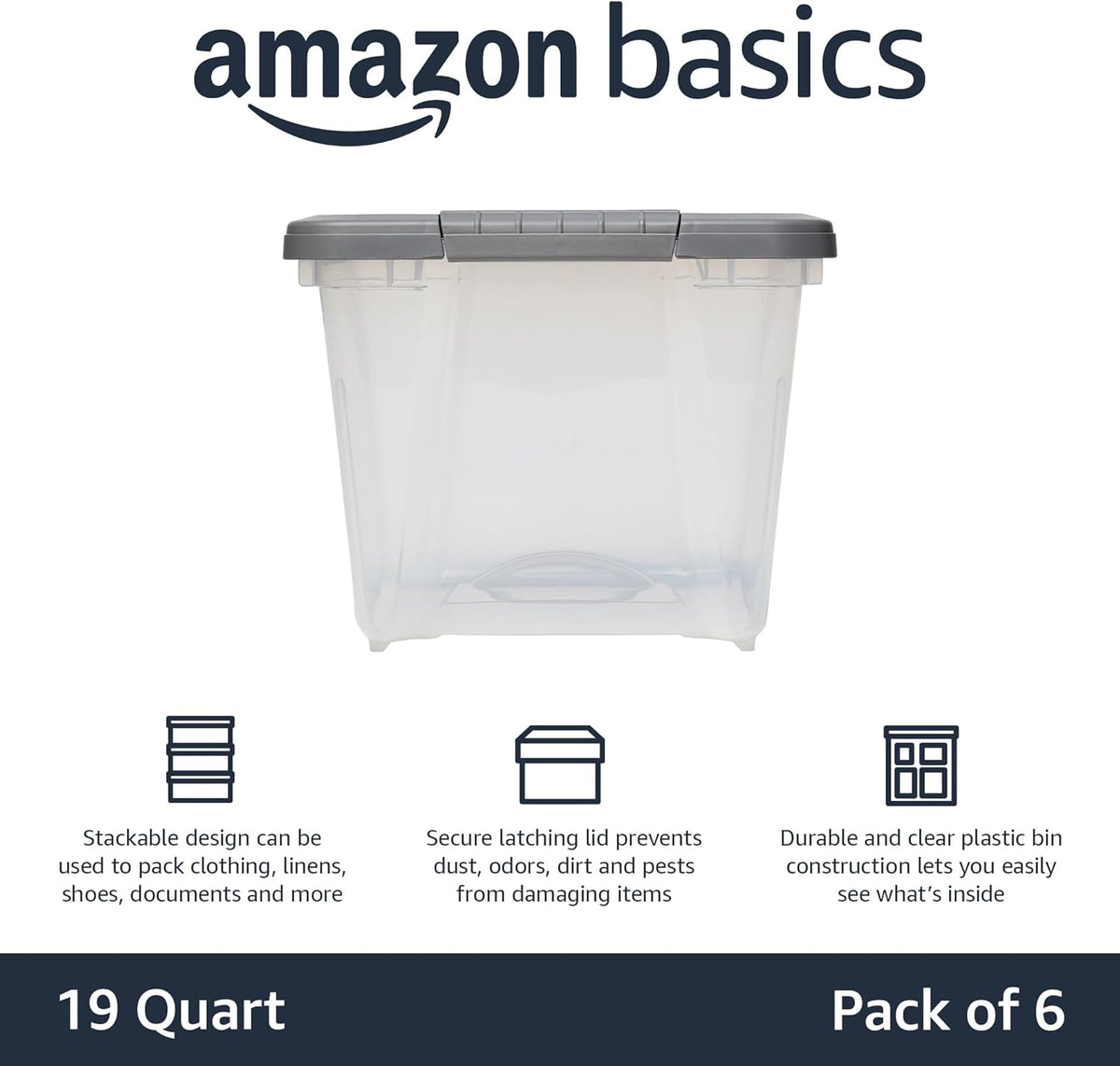 Amazon Basics Plastic Storage Containers with Secure Latching Lids, Stackable Organization Bins