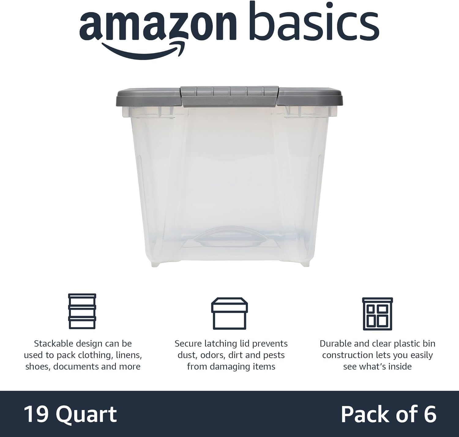 Amazon Basics Plastic Storage Containers with Secure Latching Lids, Stackable Organization Bins