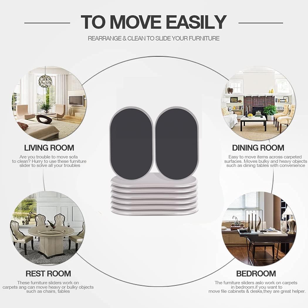 Reusable Large Furniture Movers Sliders for Carpet and Hardwood Floors-8 Pack 9-1/2" Oval Moving