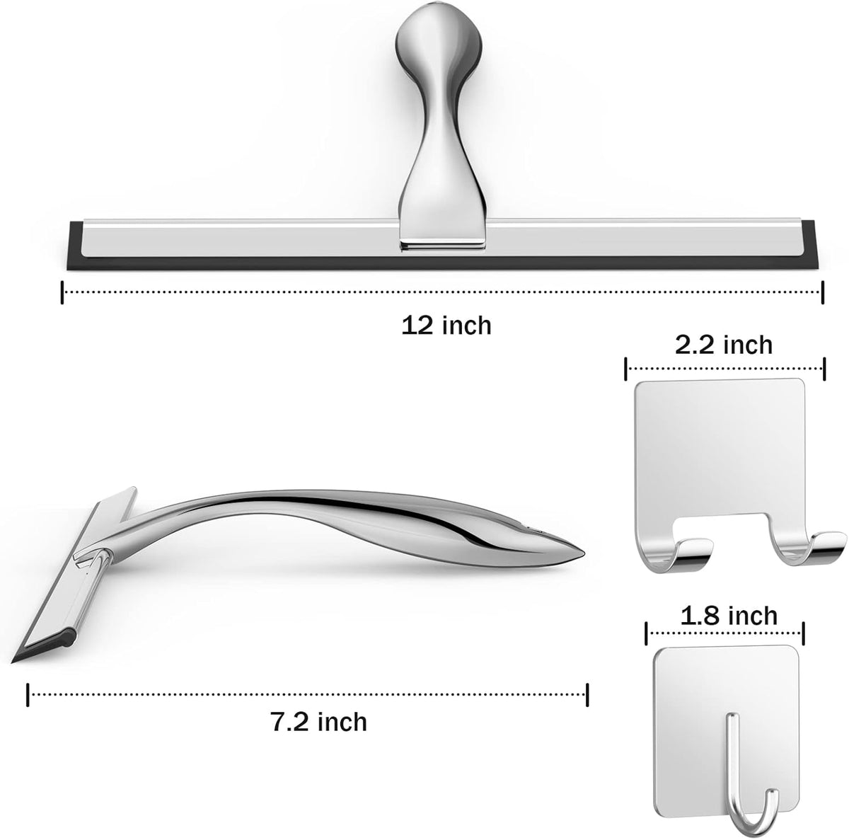 All-Purpose Stainless Steel Shower Squeegee for Shower Doors with 2 Adhesive Hooks, Bathroom