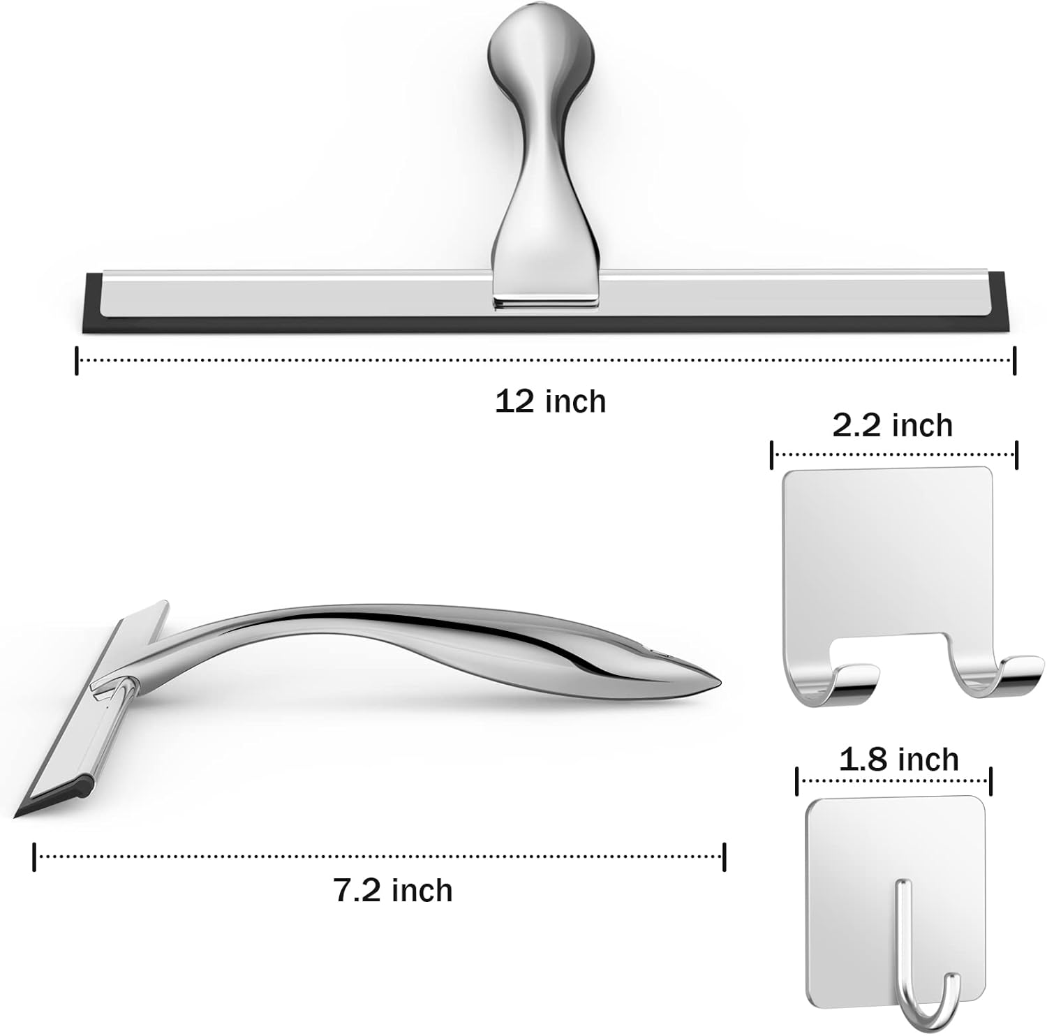 All-Purpose Stainless Steel Shower Squeegee for Shower Doors with 2 Adhesive Hooks, Bathroom