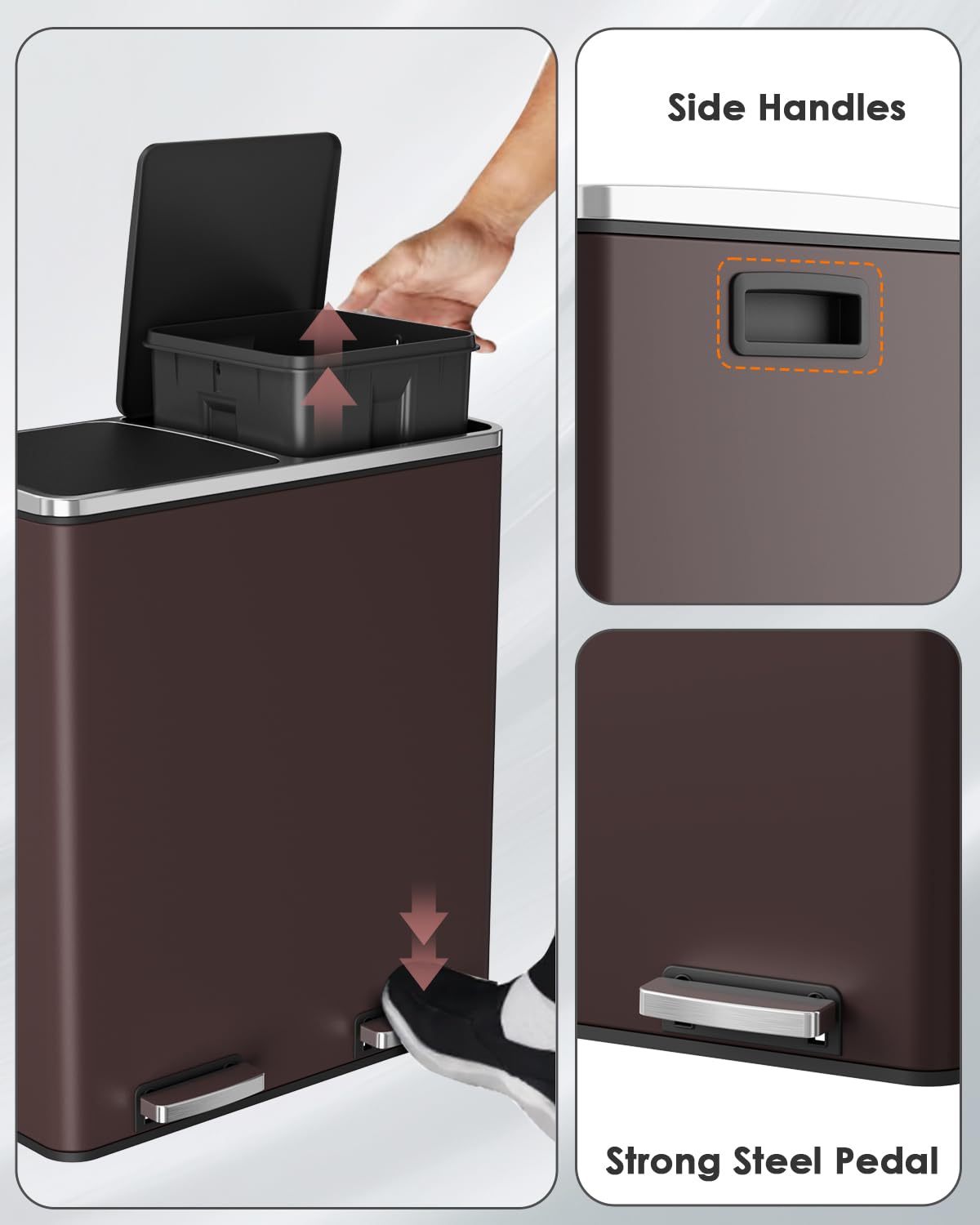 Arlopu 16 GallonStainless Steel Trash Can, 60L Dual Compartment, Metal Kitchen Step Recycle Bin