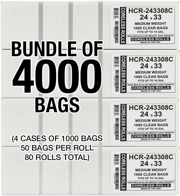 Aluf Plastics High Density Trash Bags, 16 Gallon, 4000 Count, 8 Micron (eq), 24" x 33", Clear, for