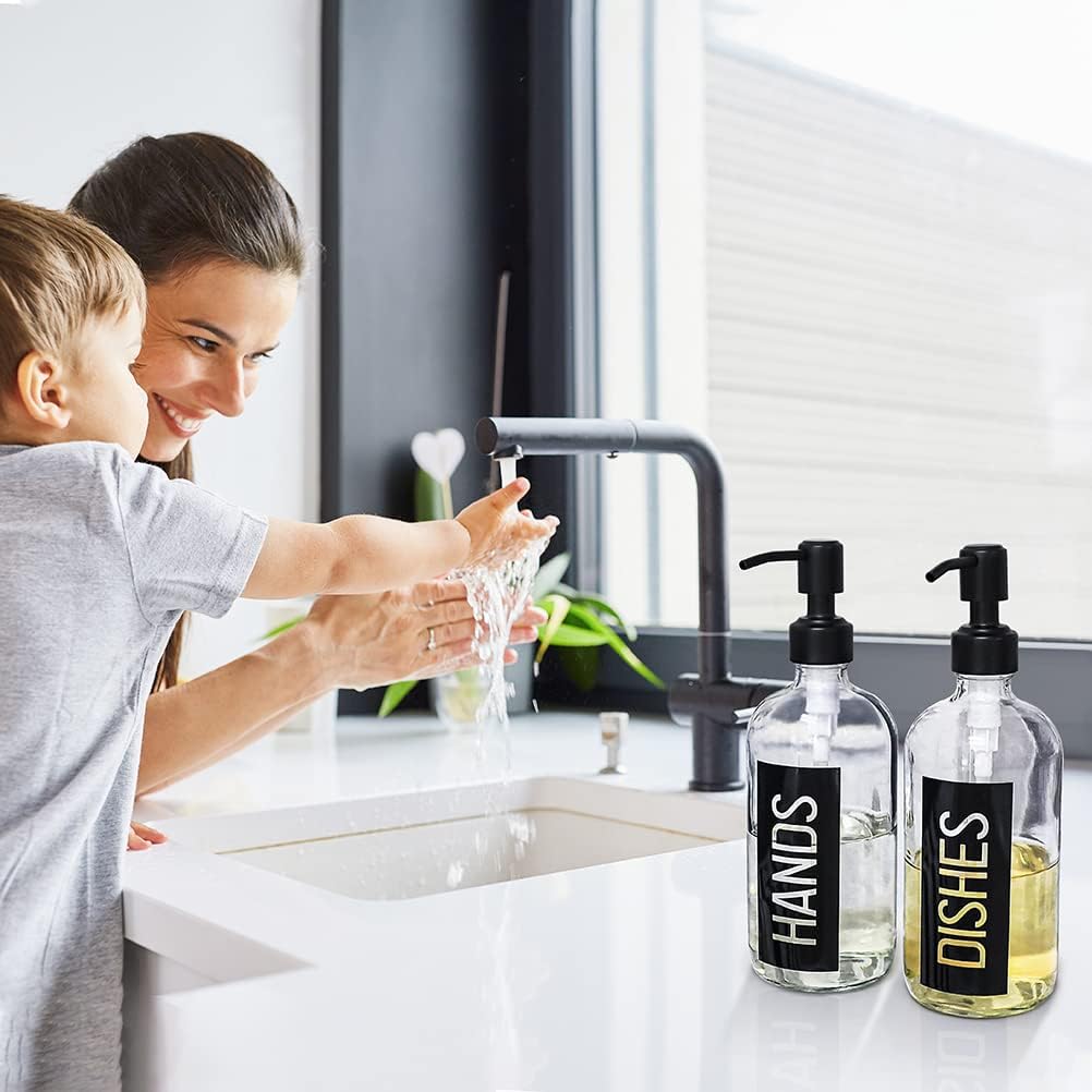 JASAI 2Pack 18OZ Glass Soap Dispenser, Black Stainless Steel Pump, Kitchen Dispenser with Classy