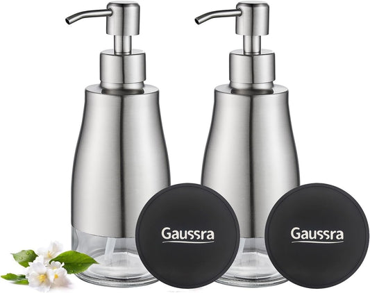 Gaussra 2 Pack Soap Dispenser with Coaster and Stickers, Stainless Steel Case Glass Liner Hand Pump