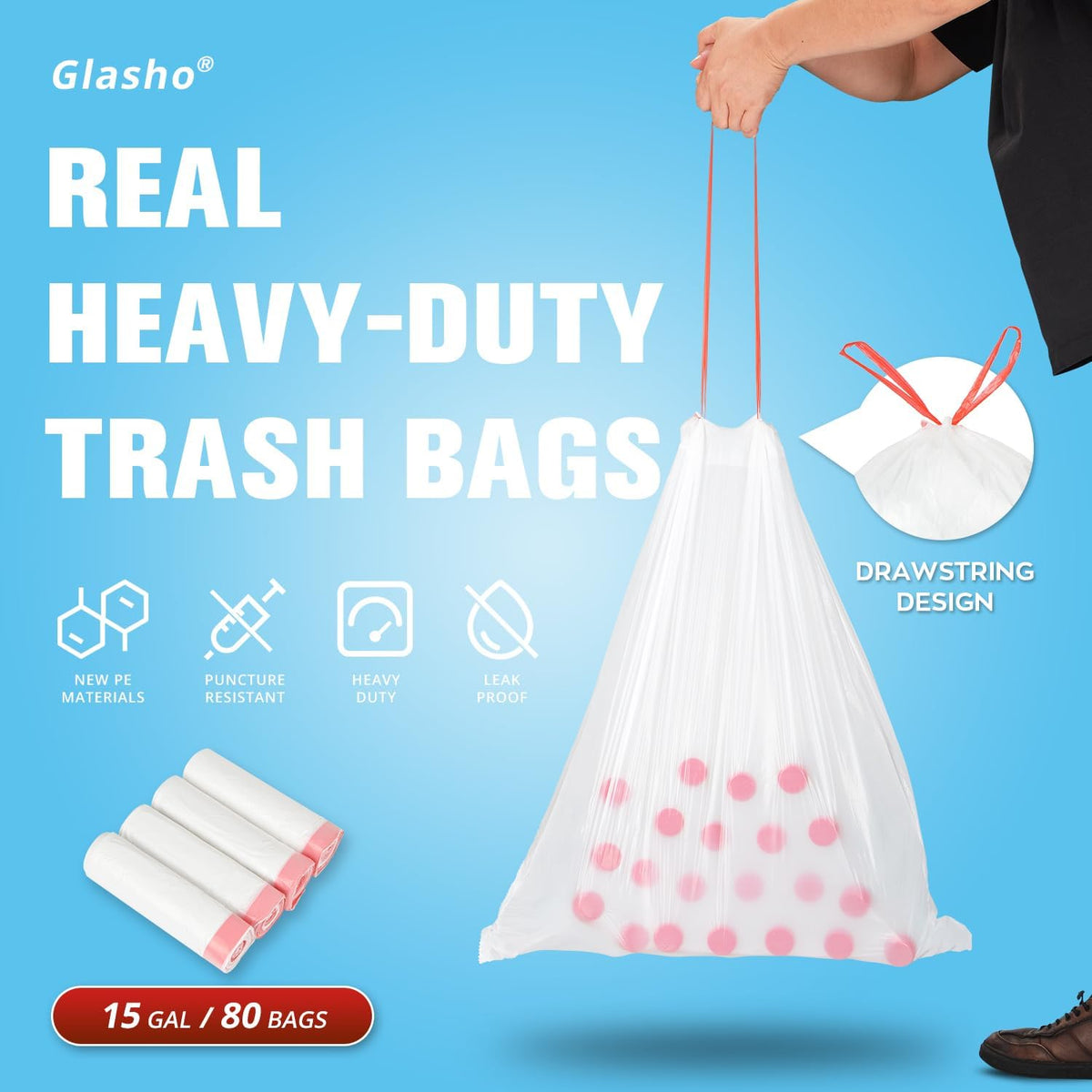 Ultra Thick Heavy Duty Plastic 15 Gallon Drawstring Trash Bags Large 80 Count White Leak Proof