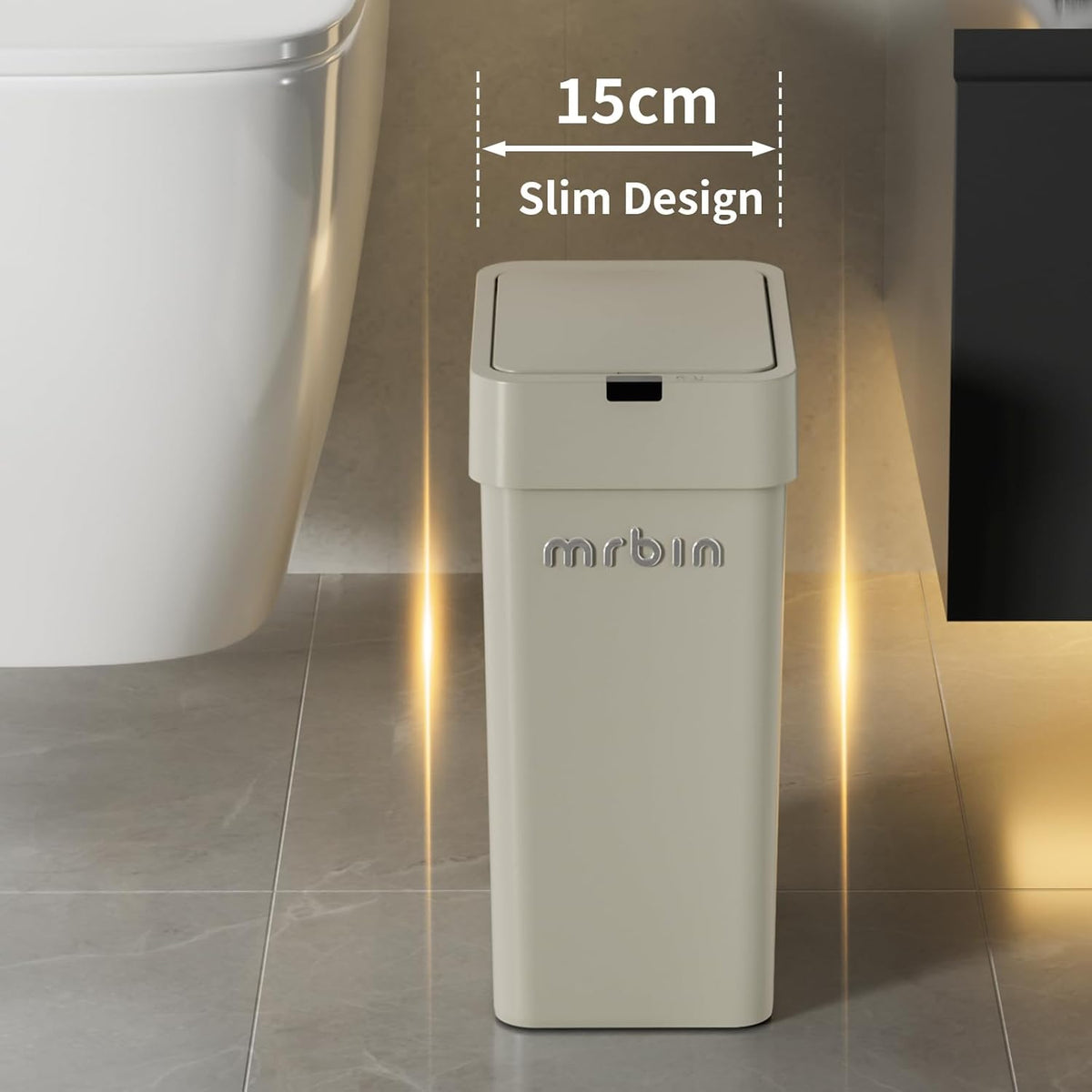 MRBIN Motion Sensor Bathroom Trash Can with Lid, 9L/2.4gal Automatic Plastic Slim Covered Electric