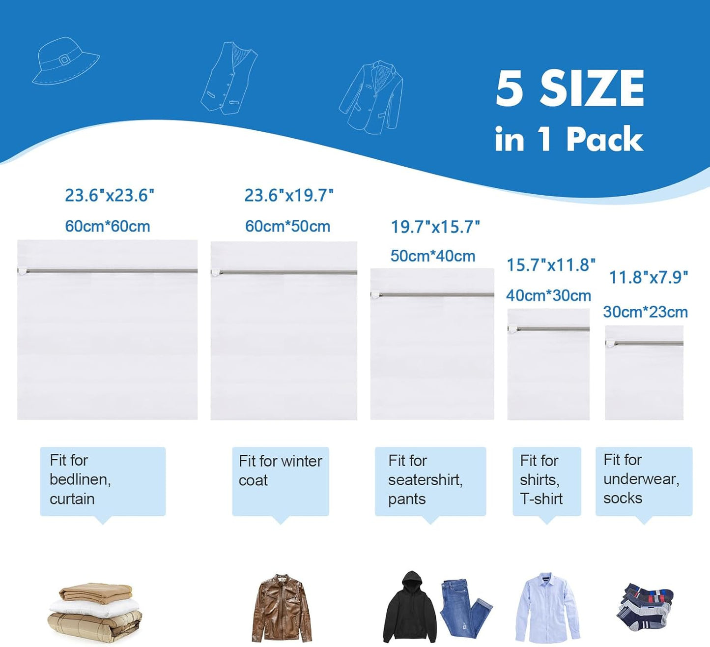 5Pcs Laundry Bags Mesh Wash Bags, Delicate Laundry Bags for Clothes, Hosiery, Underwear, Bed linen