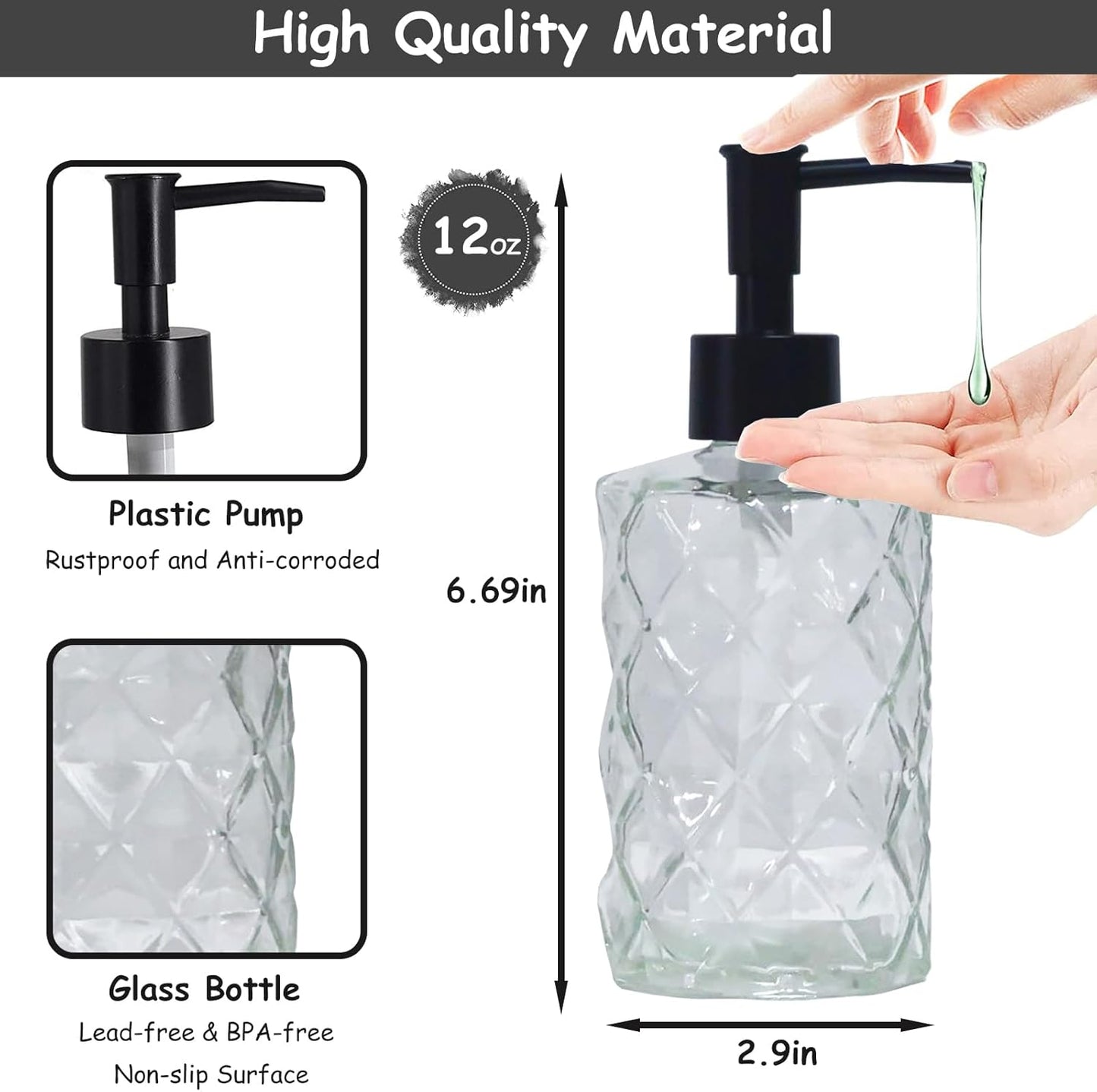 Crystal Glass Soap Dispenser, 12oz Clear Bathroom Hand Dispenser, Lotion Dispenser with Black