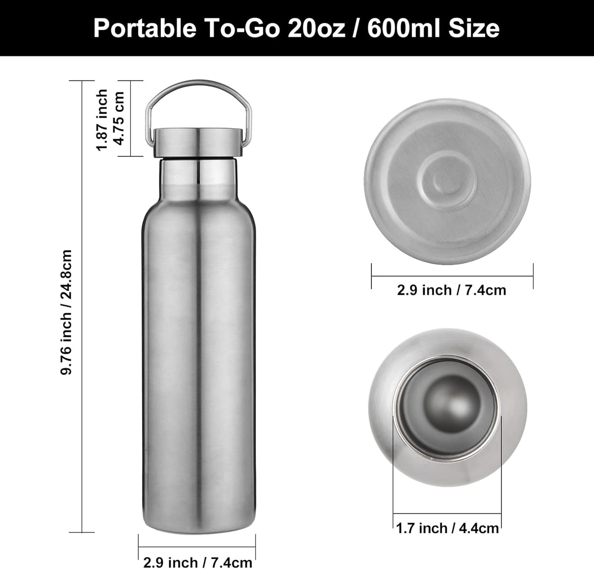 Neihepal Silver Stainless Steel Water Bottles,20 Ounce Vacuum Insulated Double Wall Travel Bottle