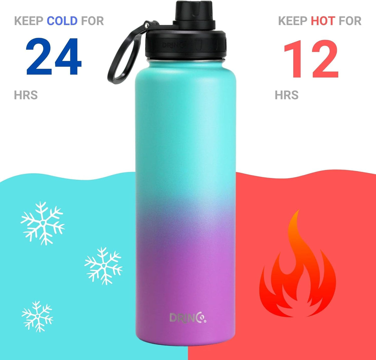 DRINCO Stainless Steel Water Bottle Spout Lid Vacuum Insulated Double Wall Water Bottle Wide Mouth