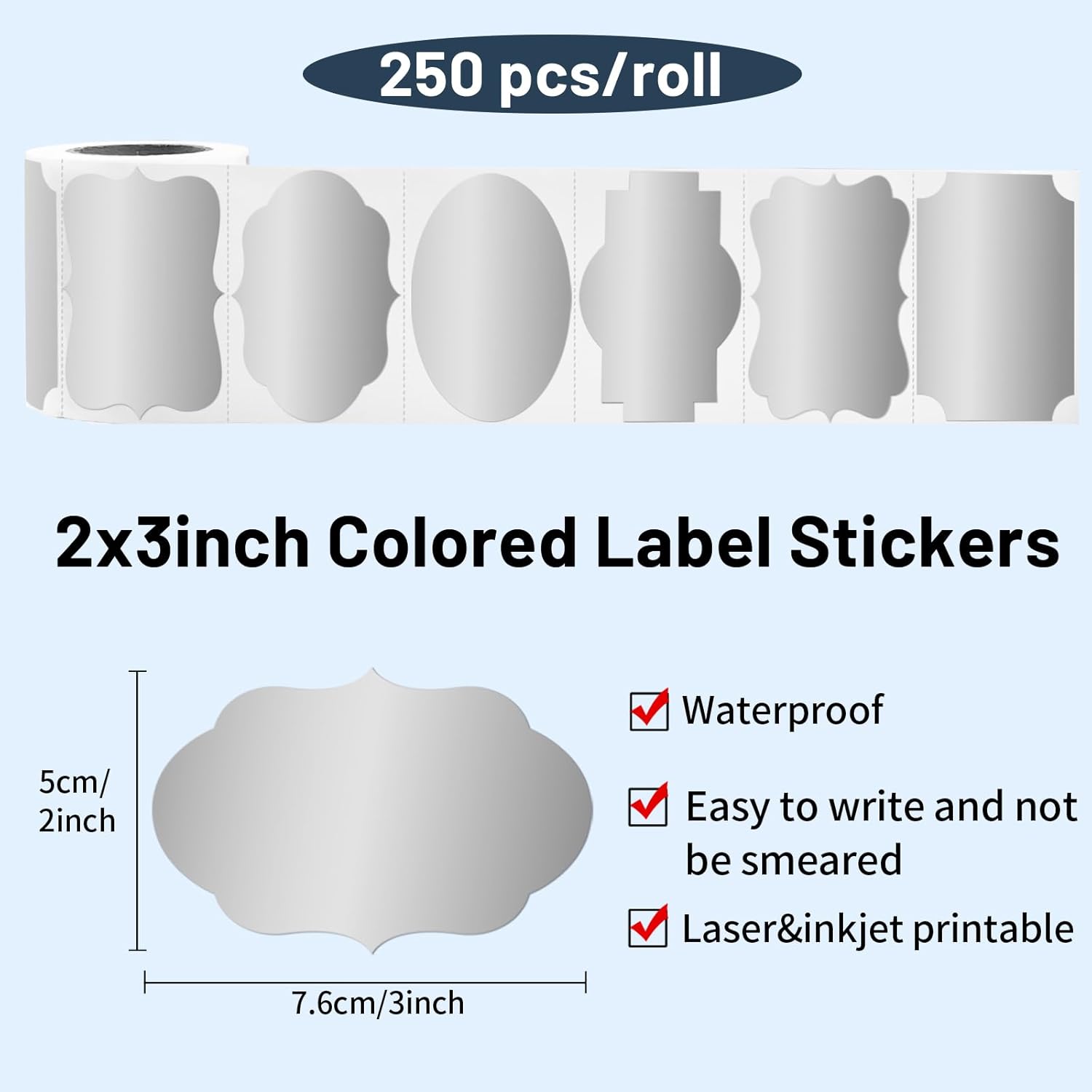 Silver Labels Stickers, 250 PCS 3" x 2" Fancy Shape Stickers Labels for Storage Box or Food Jars