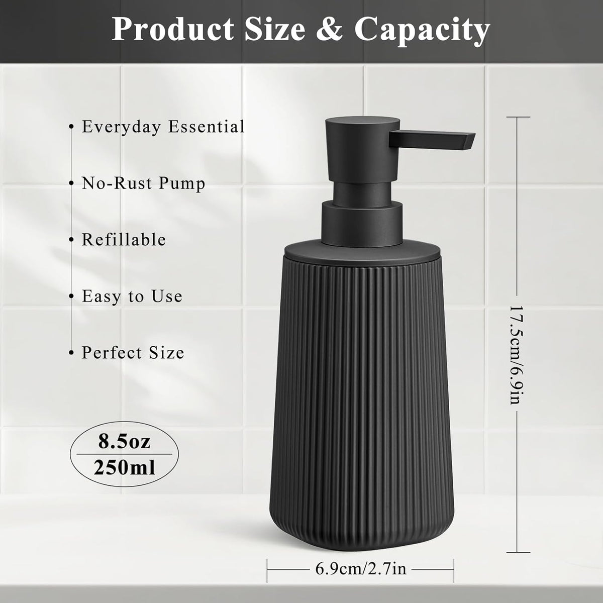 Black Hand Soap Dispenser with No Rust Pump for Bathroom and Kitchen Countertops Refillable Striped