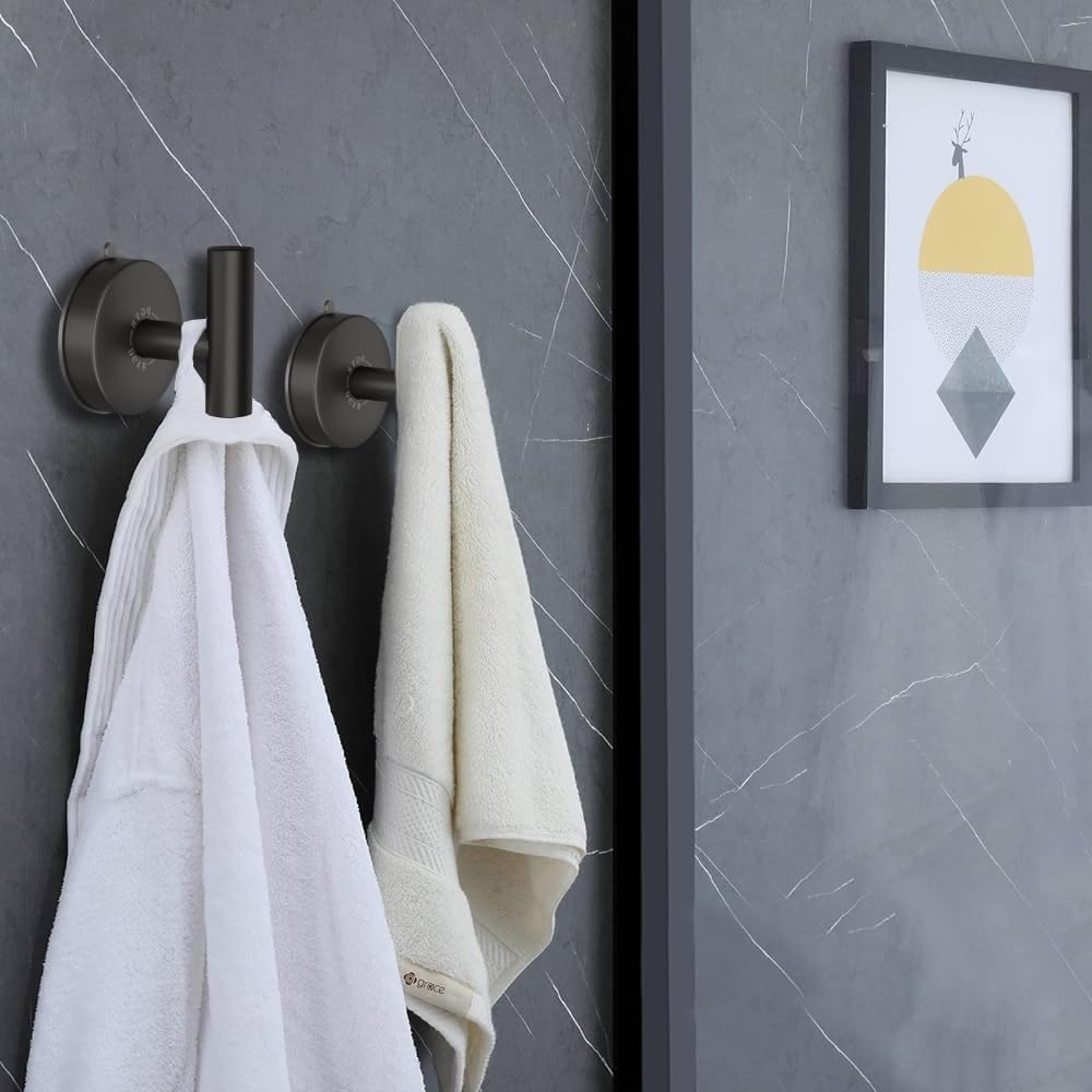 DGYB Large Suction Cup Hooks Black Stainless Steel Suction Shower Hooks for Loofah Set of 2 Towel