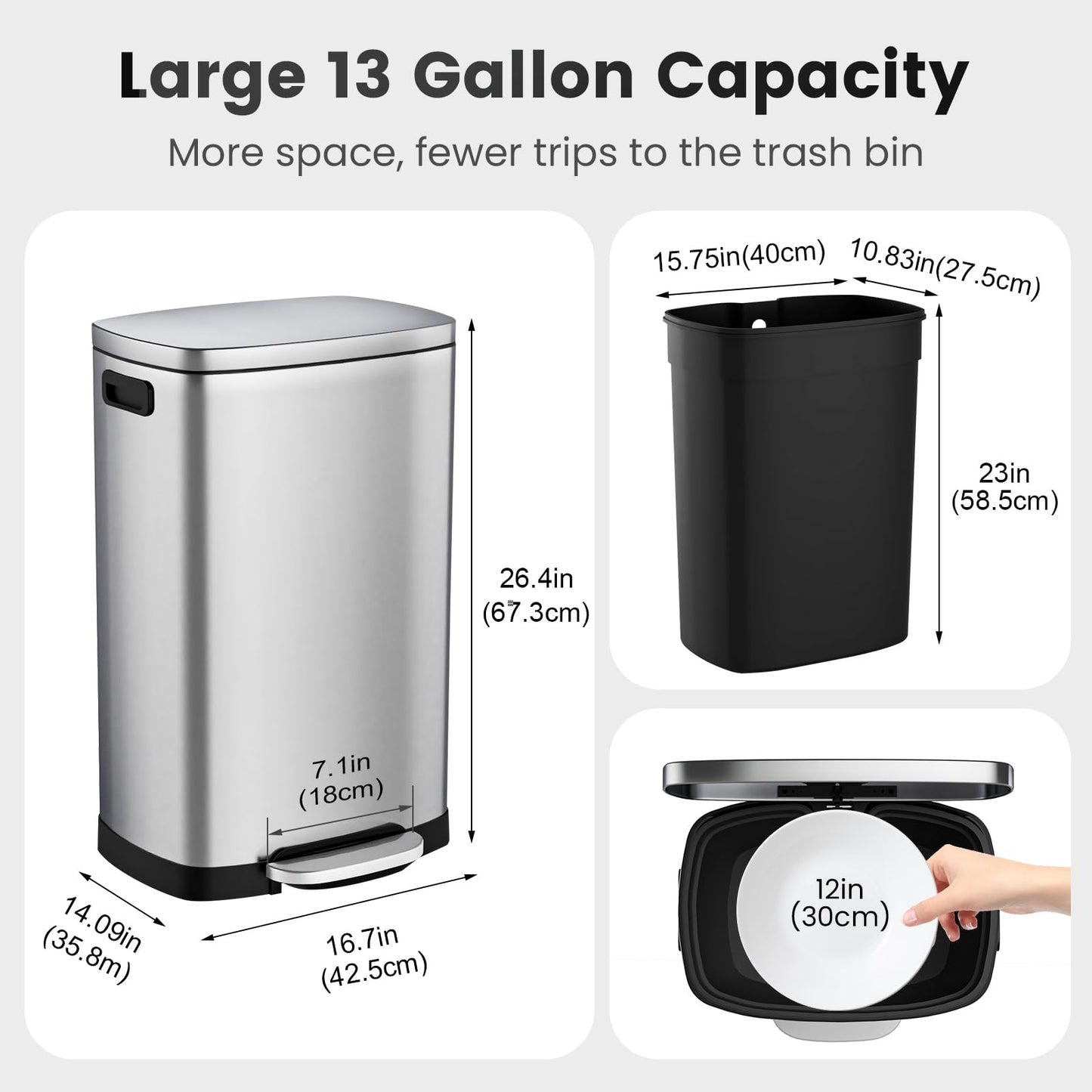 ELPHECO Kitchen Trash Can with Lid 13 Gal Stainless Steel Pedal Garbage Can