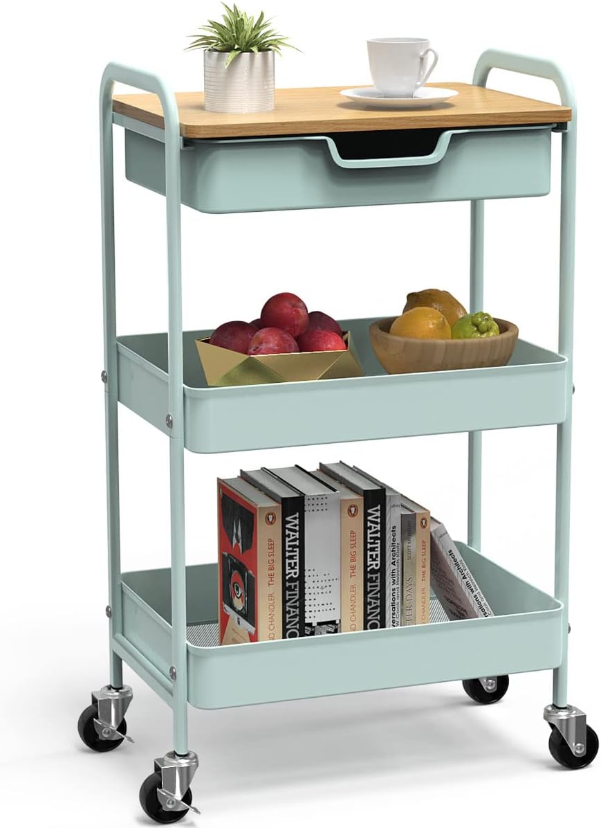 3 Tier Rolling Cart, Utility Cart with Drawer and Table Top, Metal Rolling Kitchen Storage