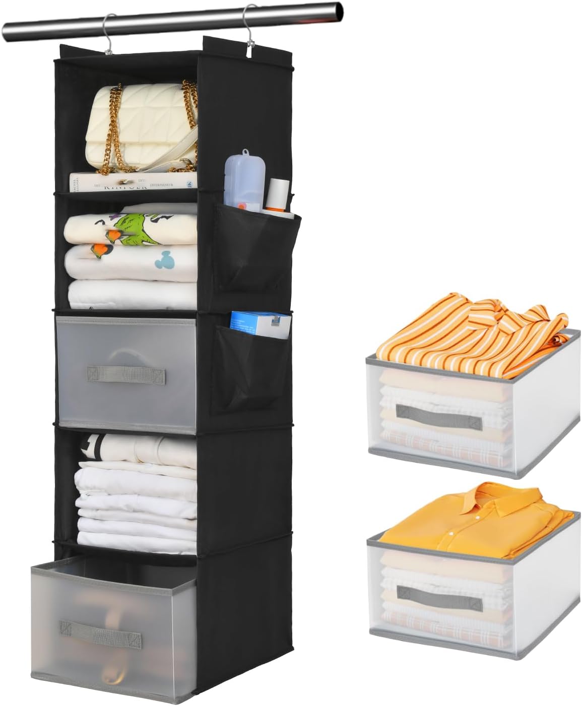 5-Layer Suspended Fabric Shelf Organizer, Equipped with 2 Sturdy Hooks, 2 Separate Drawers, and