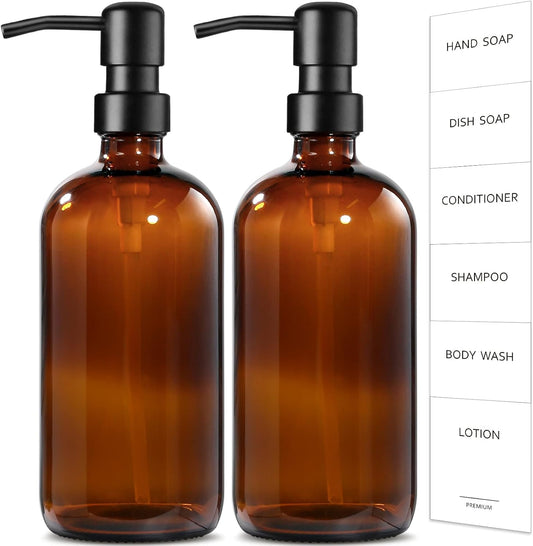 GMISUN Amber Glass Soap Dispenser, 2 Pack Bathroom Hand Soap Dispensers with Stainless Steel Pump