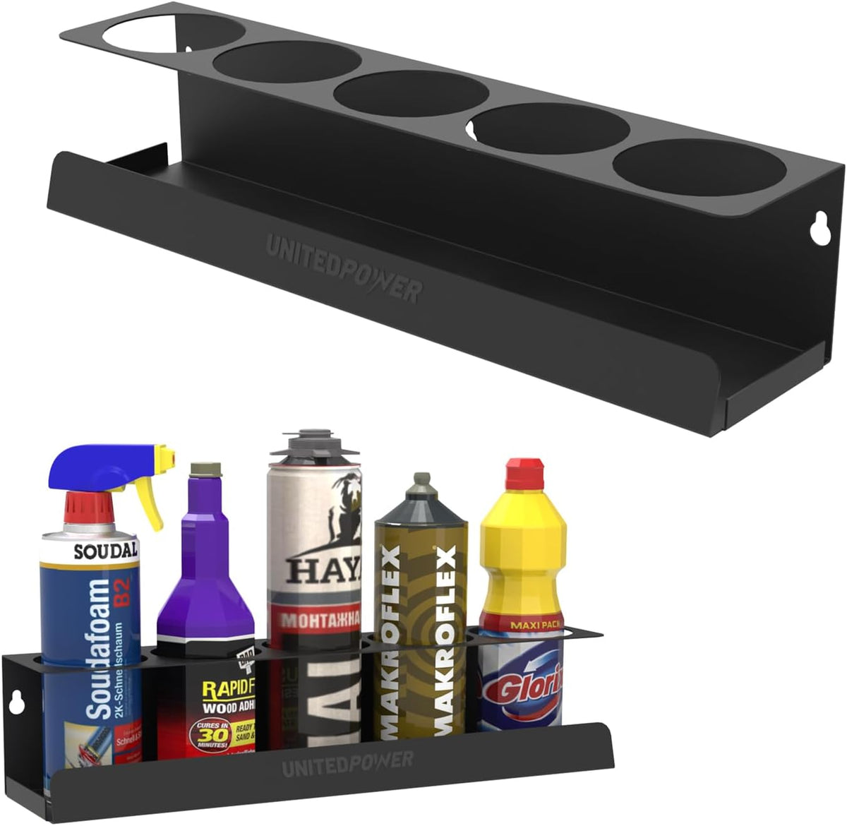 UNITEDPOWER 5 Aerosol Spray Can Holder, Paint Bottle Storage Rack, Steel Wall Mount Shelf, Tool